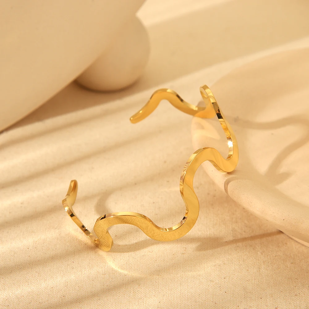 Chunky 16K Gold Plated Stainless Steel Curve Choker Necklace Wavy Open Bracelet Bangle High End Tarnish Free Jewelry Gifts 202 2