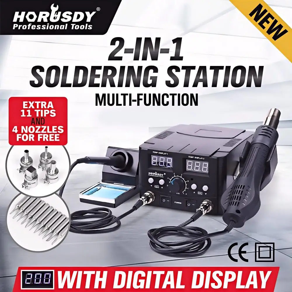 Horusdy 2in1 Soldering Station Solder Iron Rework Hot Air Blower Digital SMD Display + 11 Tips, 4 Nozzles & Tweezer Set