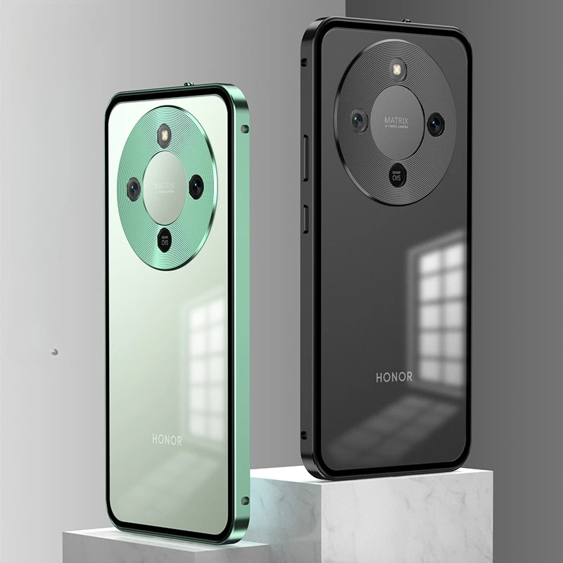 Premium Alloy Metal Lens Protection Phone Case with Transparent Tempered Glass and Shockproof Back Cover