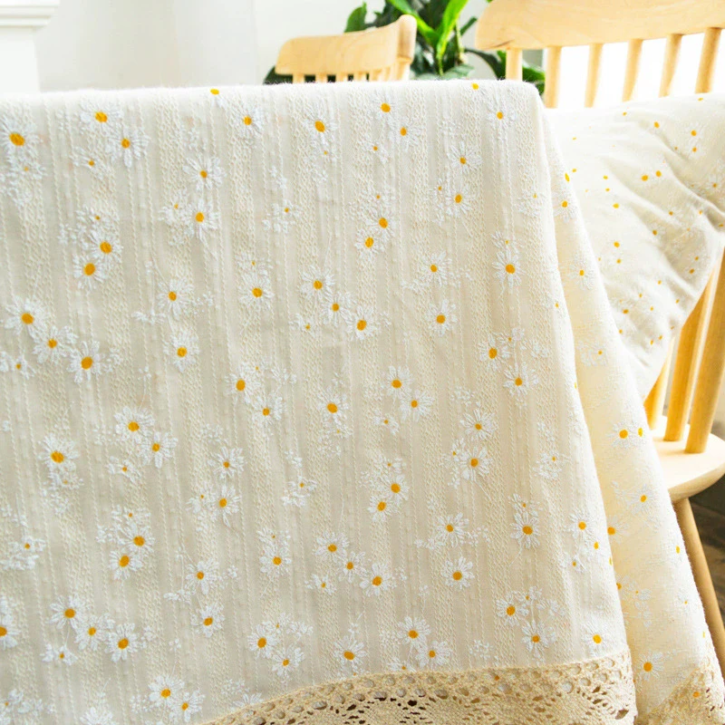 Beige Daisy Lace Tassels Cotton Tablecloth Rectangle Table Cover for Tea Table Decorations Kitchen Living Room Wedding Party Use 3