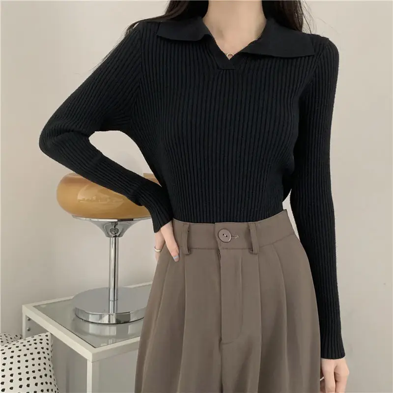 

Spring/Autumn Knitting Sweater Women's Sweater Coat Polo Collar Long Sleeve Knit Females 2023 Thickening Ladies News Solid Y79