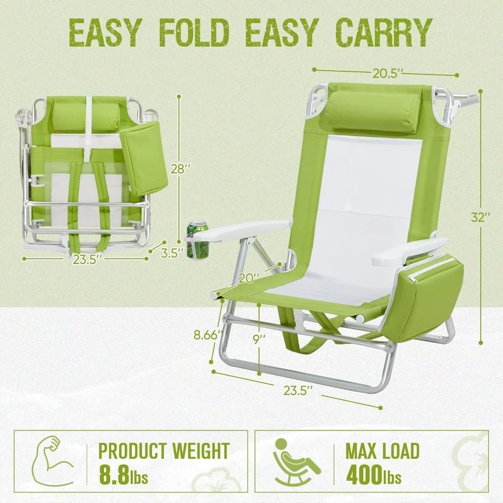 Reclining Beach Chair Backpack 5-Position Lay Flat Lounge Chair for Adults Heavy Duty Portable Folding Lightweight with Cooler 2