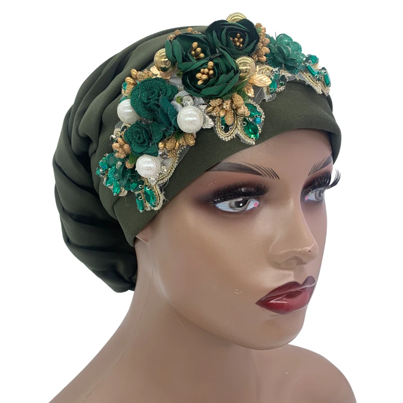 Bonnet/Turban à Enfiler Avec Fleur Et Strass - Bleu - Moderne - Taille Adulte Femme - Neuf Avec étiquettes