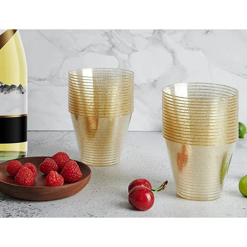 Gold Plastic Cups Clear Plastic Wine Glasses Fancy Disposable Hard Cups With Gold Glitter For Party 100Pcs