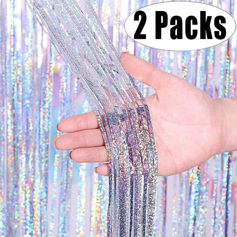 2Pack 2X1M Glitter Party Backdrop Metallic Foil Tinsel Fringe Curtain Birthday Wedding Bachelorette Decoration Adult Anniversary birthday party supplies birthday background supplies birthday backdrop decoration photography backdrops