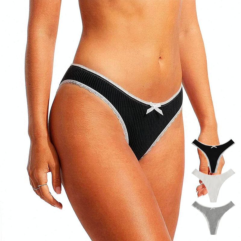 3Pcs Women Ribbed Cotton Thong Panties Lace Trim Bow Decor Low Waist Breathable Ladies Briefs Sexy Daily Underwear