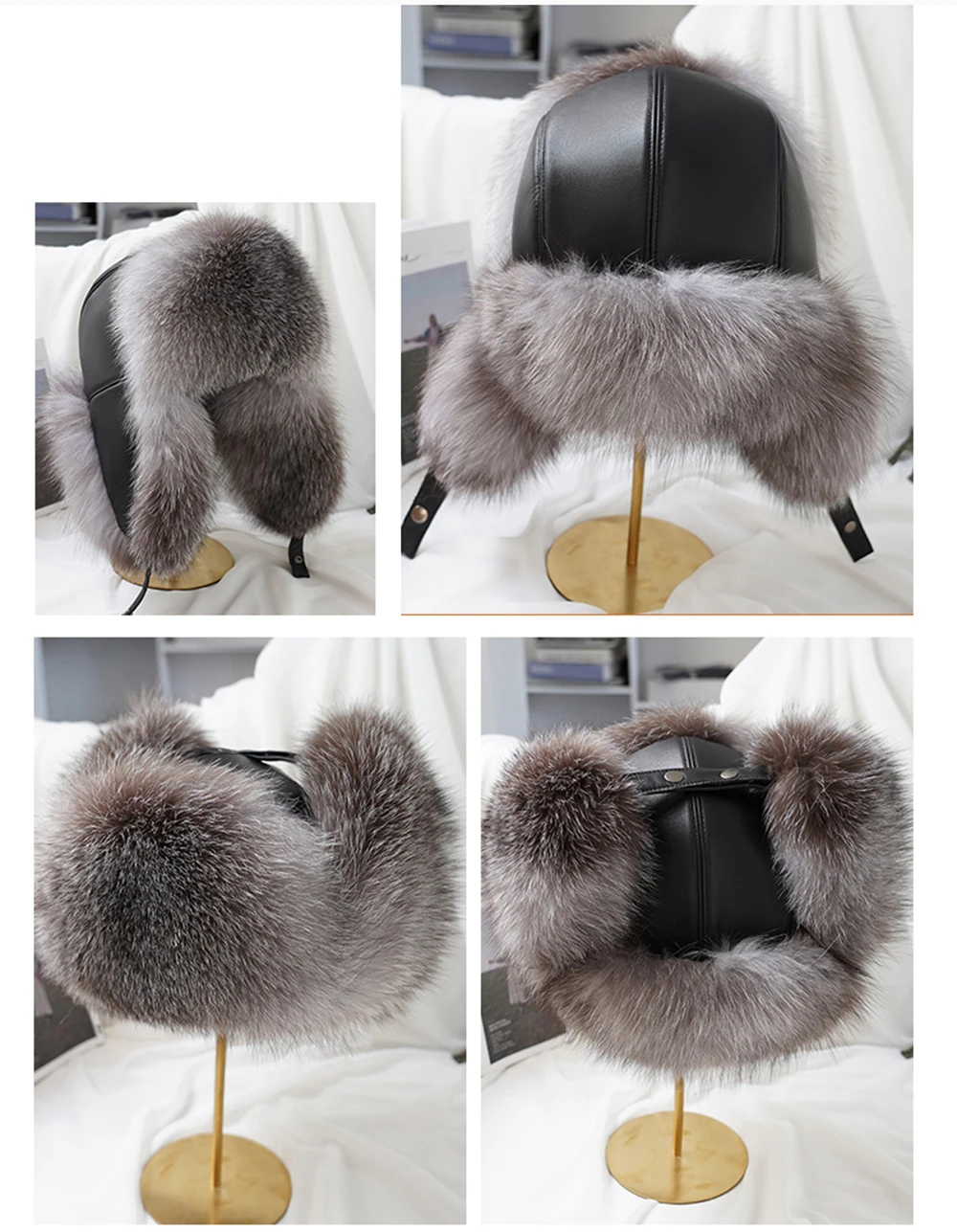Winter Men's 100% Real Silver Fox Fur Aviator Bomber Hat Raccoon Fur Ushanka Cap Trapper Russian Man Ski Hats Caps Real Leather 4