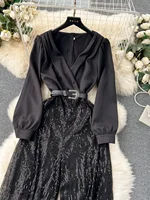 Ele Long Sve Sequin Wide Leg Pants  Suit Women's Design Sense Fake Two-Piece irt And Pants Ensemble - Image 3