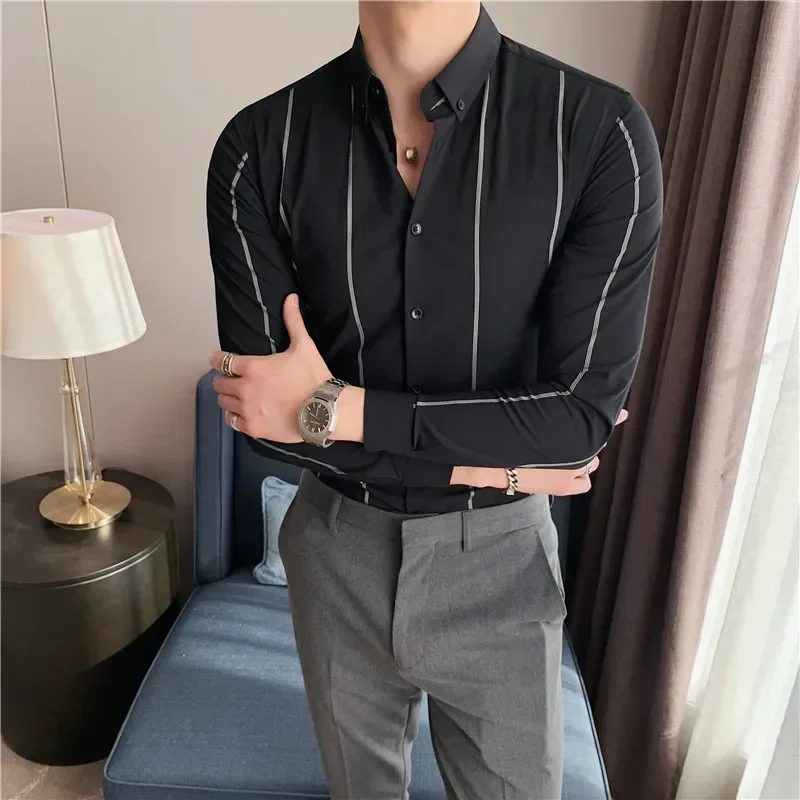Plus Size 5XL-M High Quality Business Formal Striped Shirts Men Long Sleeve Casual Slim Fit Tuxedo Shirts Social Club Clothing