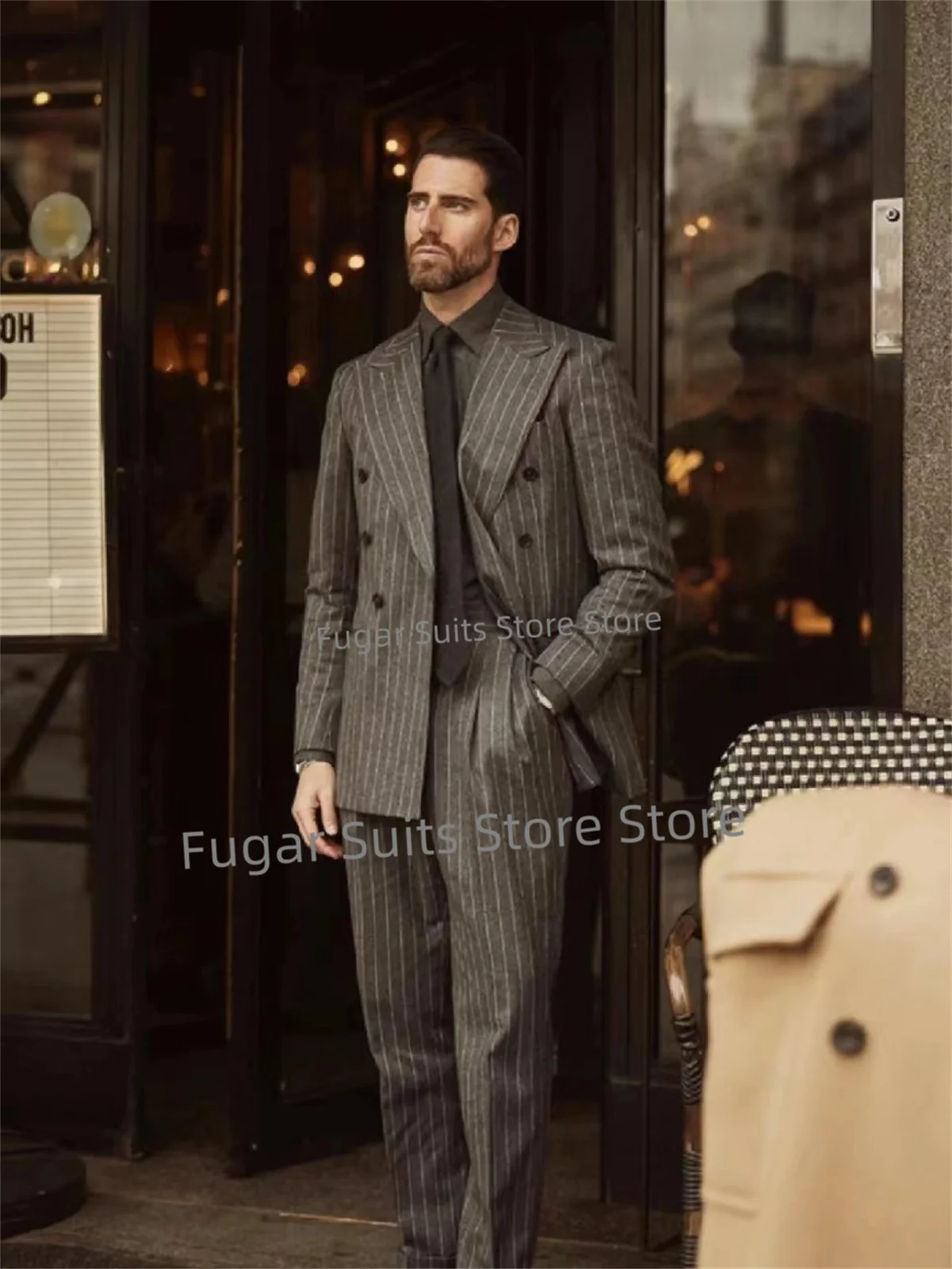 

Business Grey Pinstripe Wedding Men Suit Slim Fit Peak Lapel Groom Tuxedos Prom 2 Pieces Sets Fashion Male Blazer Costume Homme