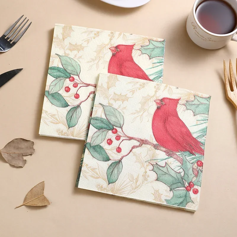 10/20pcs 33cm 2-Ply Christmas Printed Napkins Botanical Flowers & Birds Series Kitchen Table Decoration Square Napkins