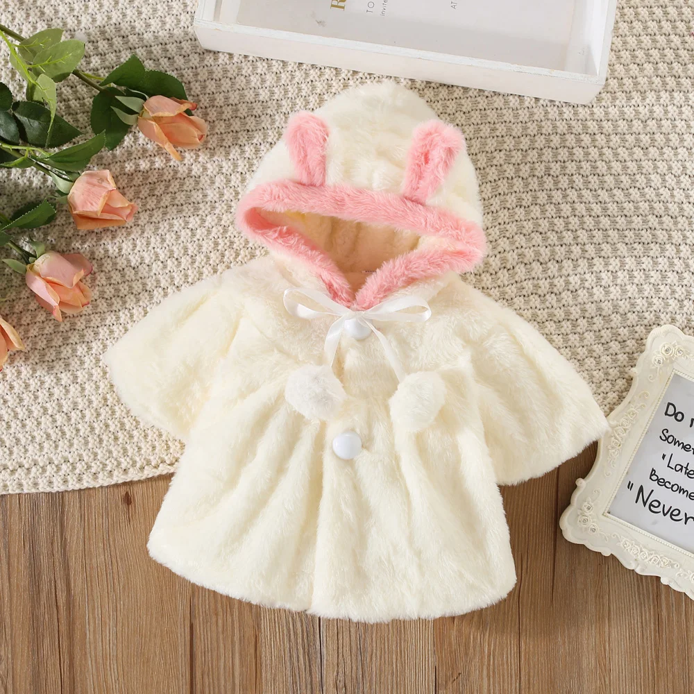 Winter Girls Coat Warm Fashion White Pink Rabbit Ears Hooded Cloak Cute Velvet Thick Coat for Baby