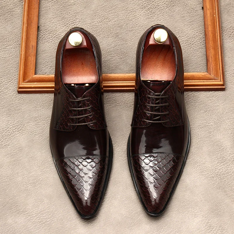 Men's Business Dress Shoes Genuine Leather Prom Wedding Shoes Large Size EUR37-46 Black Light Brown Blue Wine Red
