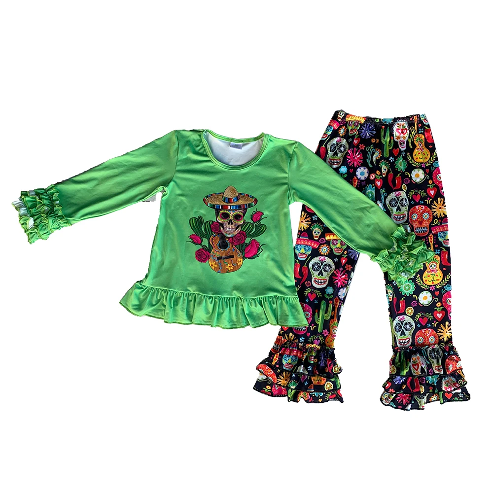 

Wholesale Green Long-Sleeved Skeleton Top Western Skull Cactus Print Long Pants Girls Clothes Sets