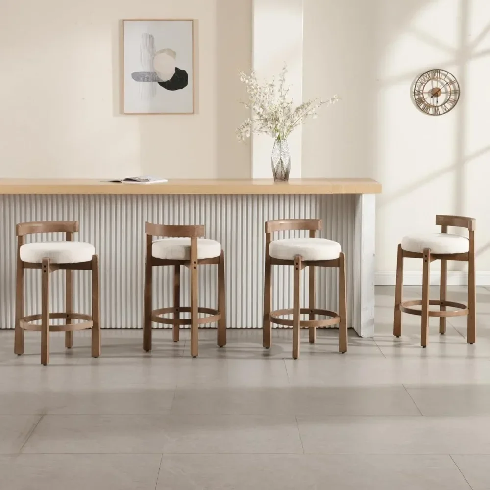 Mid-Century Bar Stools Set of 4, 26.5 Inch Linen Counter Height Upholstered Barstools Bar Chairs with Solid Wooden Legs for