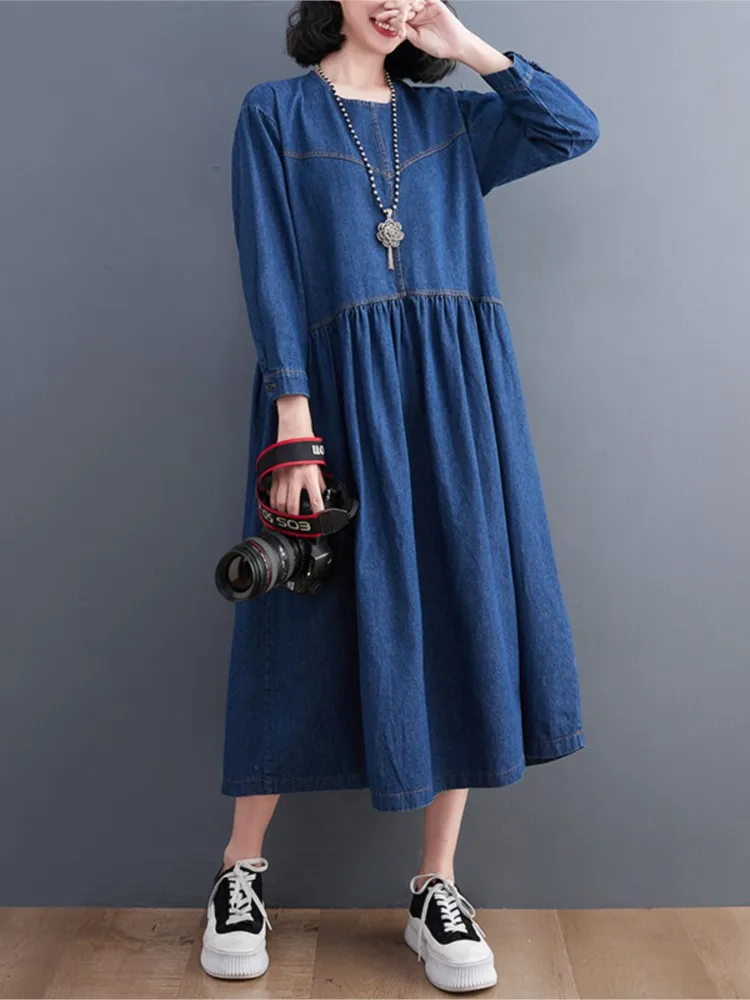 Oversized Autumn Denim Midi Dress Loose Fashion Ruffle Pleated Ladies  Dresses Casual Long Sleeve Woman Dress 2023 - AliExpress Oversized Autumn Denim Midi Dress Loose Fashion Ruffle Pleated Ladies Dresses  Casual Long Sleeve Woman Dress 2023 - AliExpress