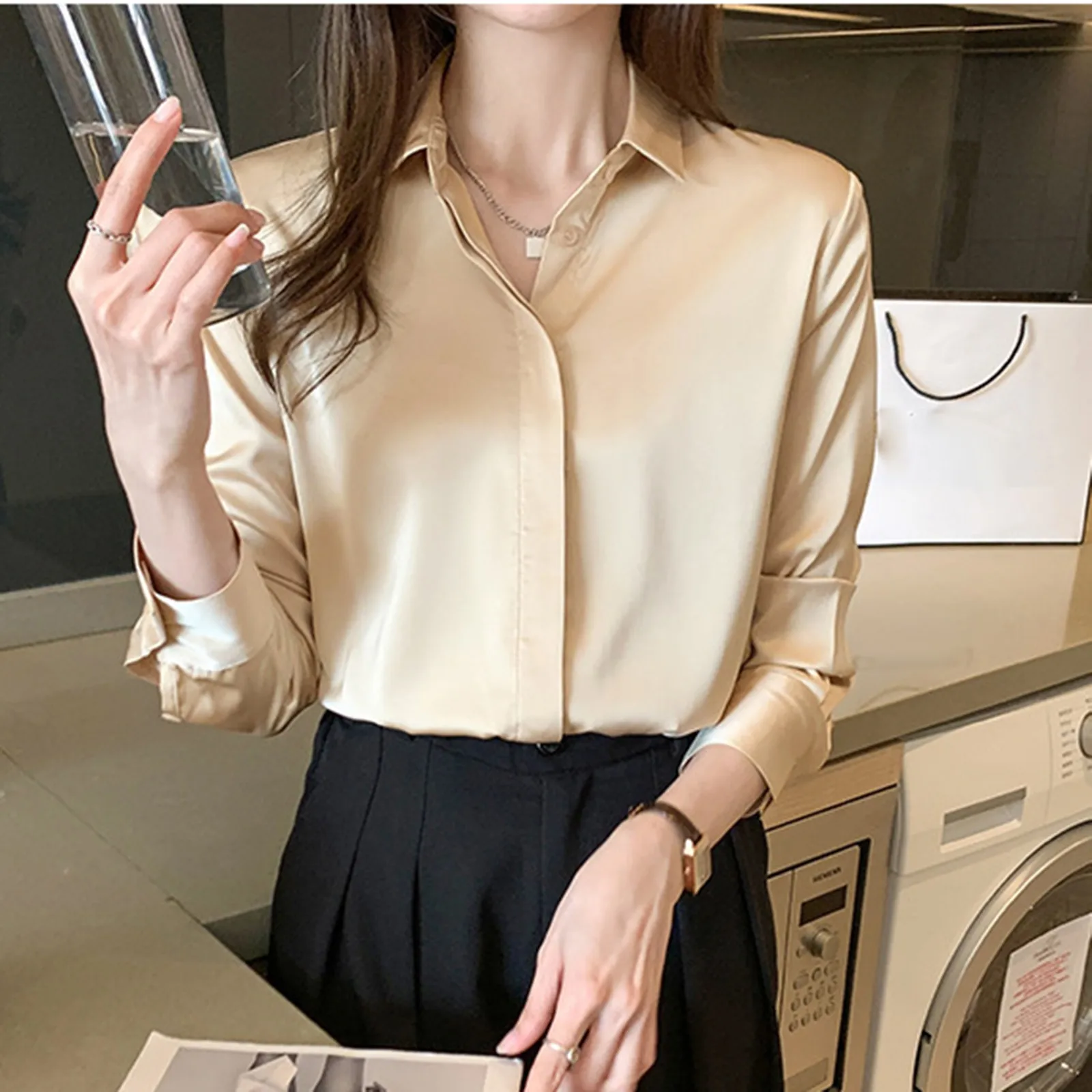

Slik Stain Shirt Women Long Sleeve Blouses Office Ladies Button Up Shirts Female Loose Tops OL Oversized Bf Korean Style Blusas