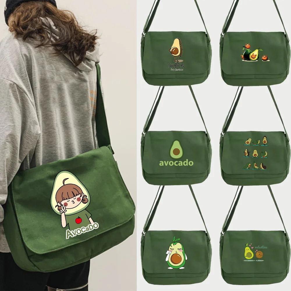 Fashion Avocado Women Canvas Messenger Bag Youth Ladies Shoulder Bag Student Large Capacity Female Crossbody Bags Woman Packet