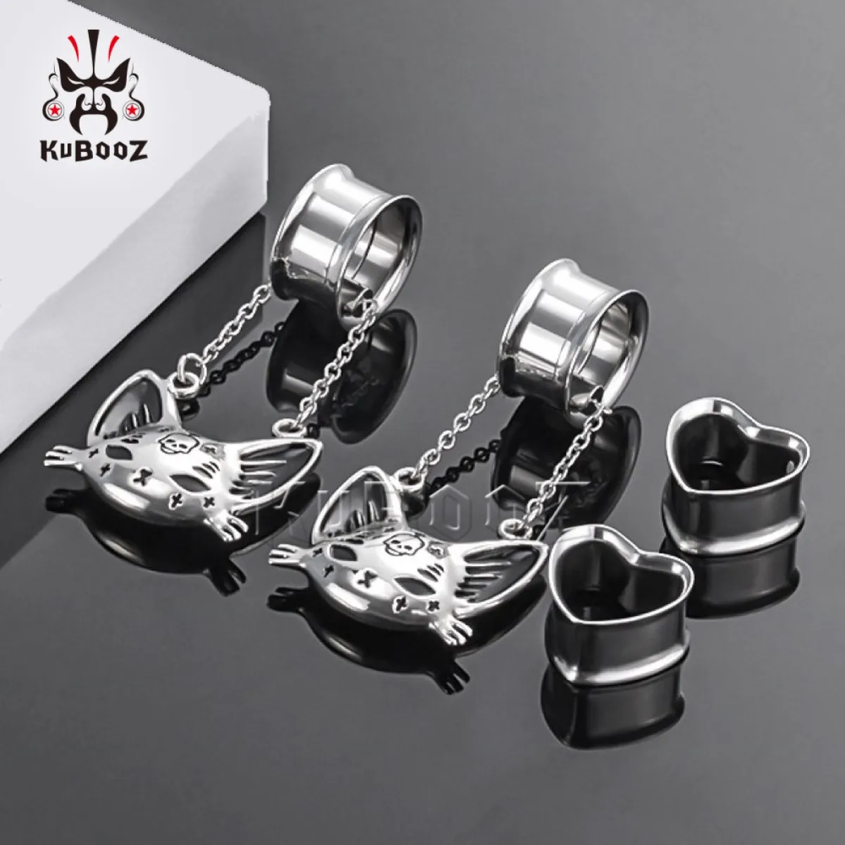 KUBOOZ 사이버 캣 이어 터널 2쌍 플러그 게이지 세트, 저자극성 스트레칭 키트 및 피어싱 애호가를 위한 자석 고스 주얼리