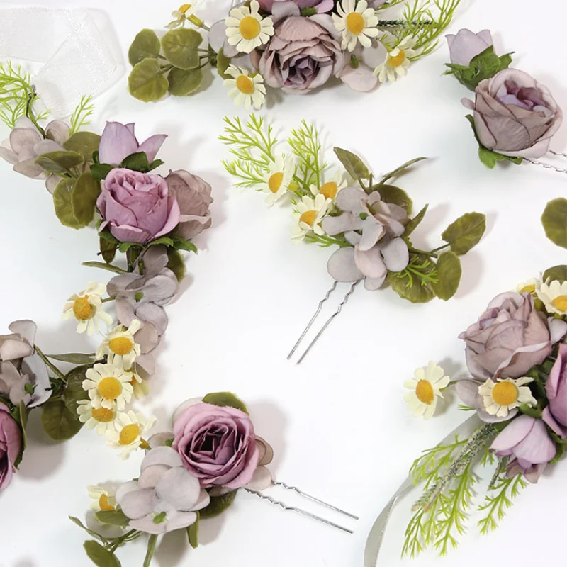 

Purple Artifical Boutonniere Flowers Handmade Garland Bridesmaid Hair Accessories Wrist Corsage Marriage Pins