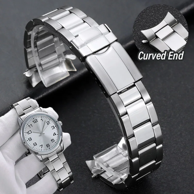 Elegant Curved End Stainless Steel Watch Band with Deployment Clasp - Durable Metal Strap