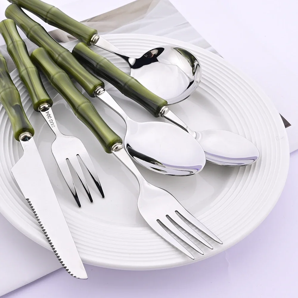 Elegance Collection: Green Bamboo Handle Stainless Steel Cutlery Set