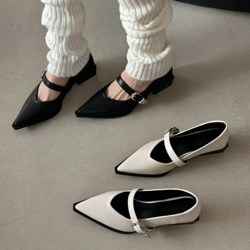 Pointed Toe Women Loafers Black Brown White Casual Mules Shoes Belt Buckle Shallow Slip on Low Flat Heeled Party Pumps Size 40 2