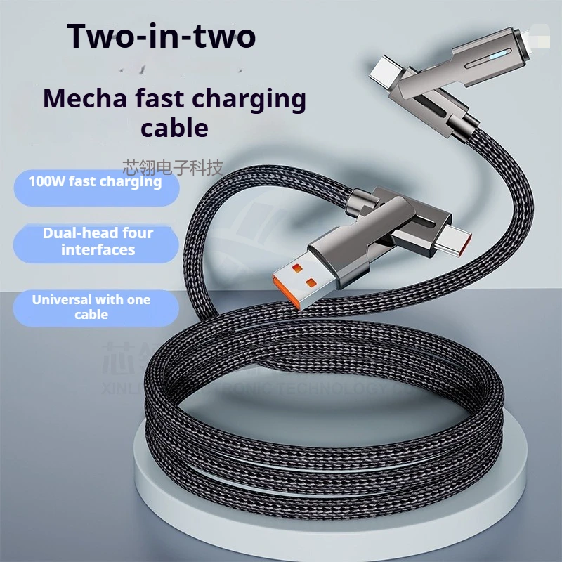 สายชาร์จเร็วแบบถักสี่ในหนึ่งเดียว 100W ผลิตจากโลหะผสมสังกะสี พร้อมไฟส่องสว่าง เหมาะสำหรับ AP 15 สำหรับสายชาร์จแบบหมุนคู่ของ Huawei 1