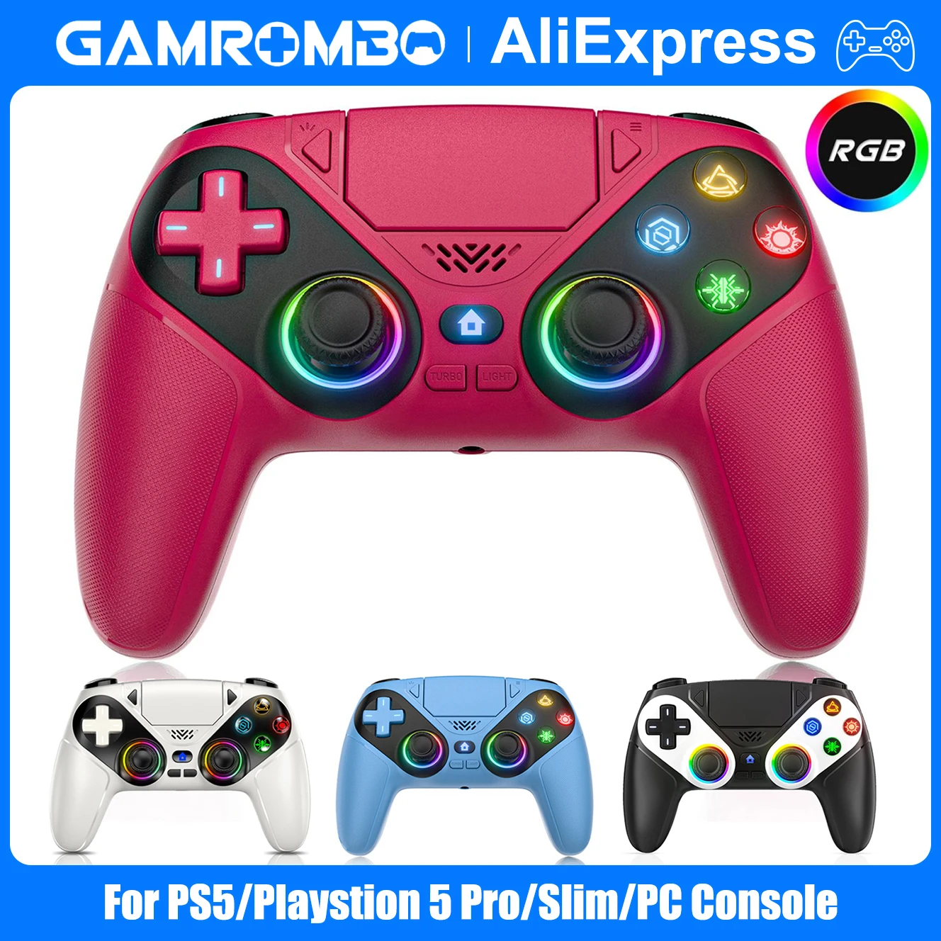 Wireless Controller for PS5/Playstion 5 Pro/Slim/PC Console RGB Dual Vibration Marco/Turbo Function 3.5mm Audio Jack GAMROMBO