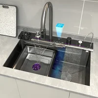 Stainless Steel Kitchen Waterfall Sink Embossed Digital Display Large Single Slot All-in-one Faucet Multi-functional Wash Bain 1