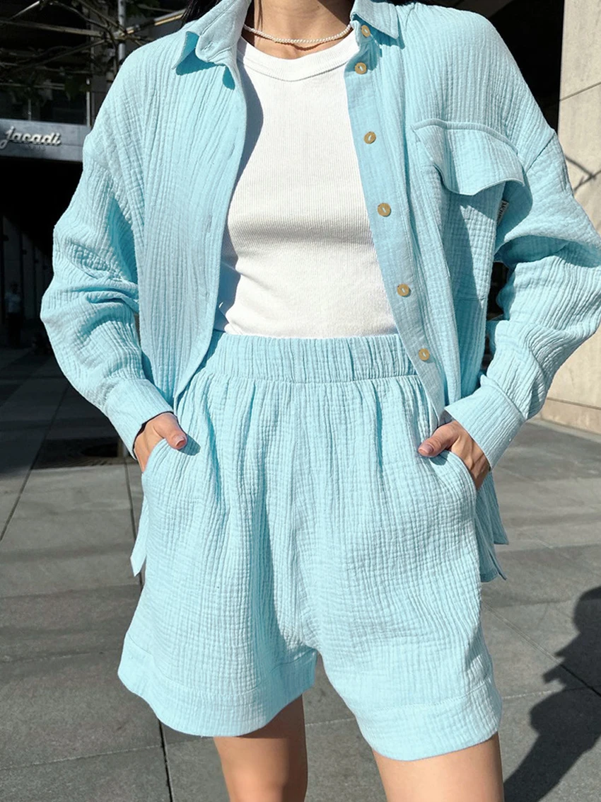 Marthaqiqi Cotton Female Pajamas 2 Piece Suit Long Sleeve Sleepwear Turn-Down Collar Nightwear Shorts Casual Women Home Clothes