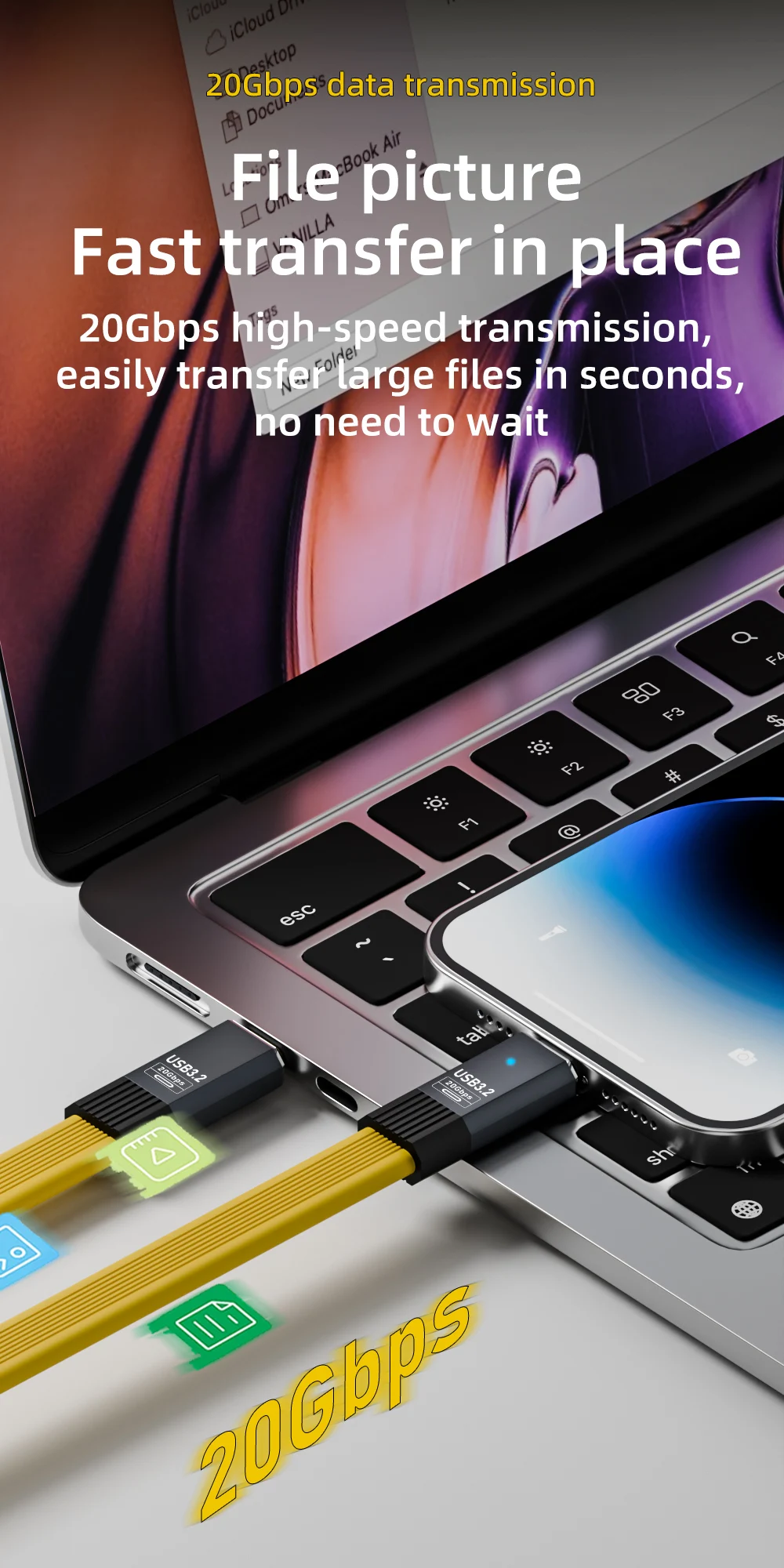 100W USB C to C 케이블 20Gbps 데이터 전송 8K 비디오 OTG (노트북, 태블릿, 휴대폰, VR/HDD/도크용) 20/50/80cm