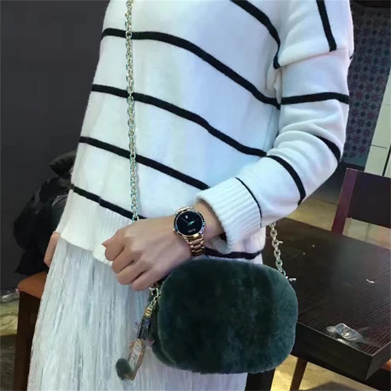 Mini Design Women's Fur Bag Luxury Rex Rabbit Fur Solid Color Coin Purse High Quality Chain Embellished Skew Bag