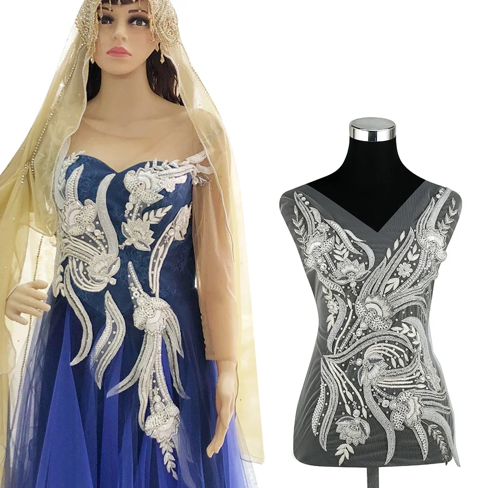 

Вышитые листья для свадебного платья ручной работы, Украшенные бусинами и стразами, женская одежда «сделай сам», украшение с белой сеткой