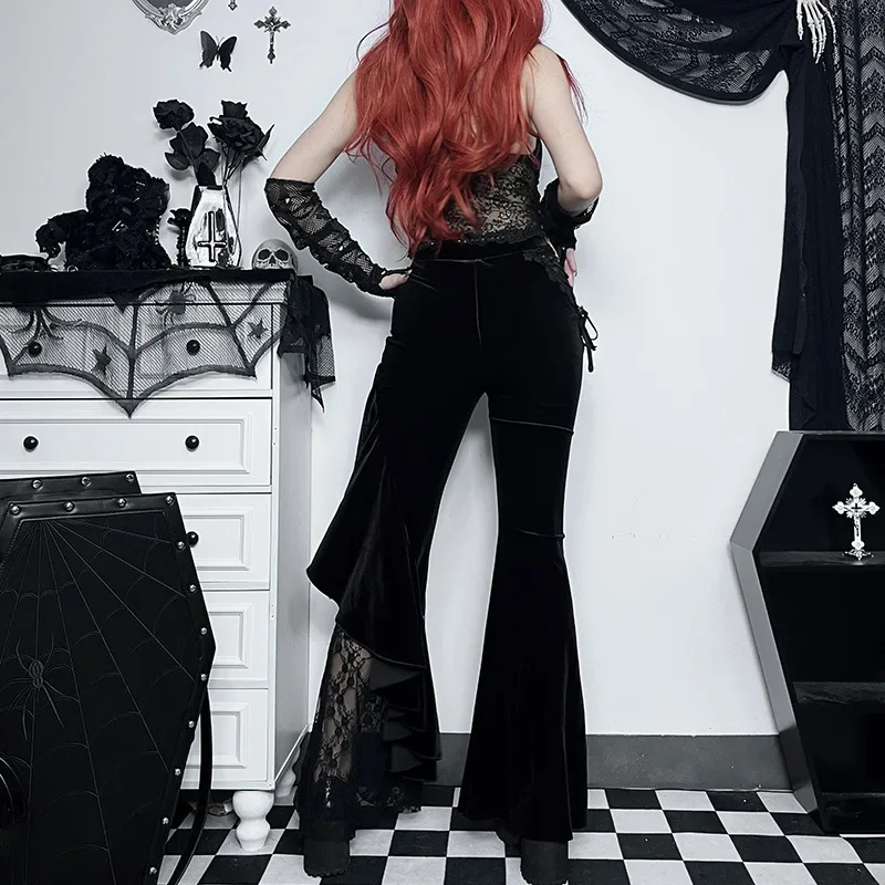Y2K Gothic Black Lace Mesh Flared Pants Sexy Harajuku