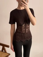 Mode dentelle florale os de poisson Patchwork chemises pour femmes 2026 printemps nouveau Chic à manches courtes col rond Blouse dame rue Y2K hauts 3