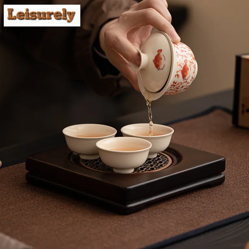 Retro Soda Glazed Fish Poems Gaiwan Japanese Tea Tureen Tea Bowl With Lid Kit Tea Maker Cover Bowl 1 Bowl 3 Cups Kit Teaware