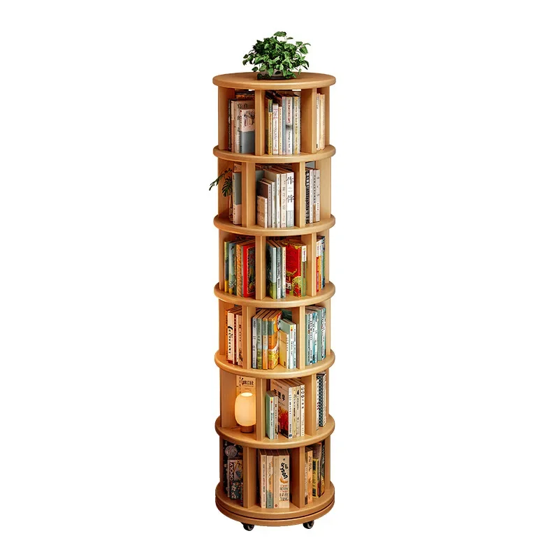 Solid Wood Rotating Bookshelf with Wheels Spinning Bookcase for Home Office Furniture Shelf Easy Assembly Wooden Furniture - Image 3