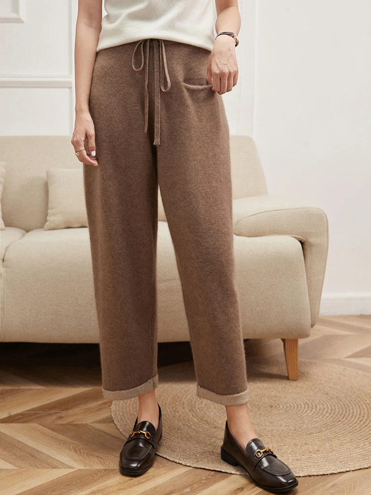 Spring Autumn Granny pants Women 100% Cashmere Pants Soft Comfortable High-Waist Knit Trousers Female  Fashion Wide Leg Pants