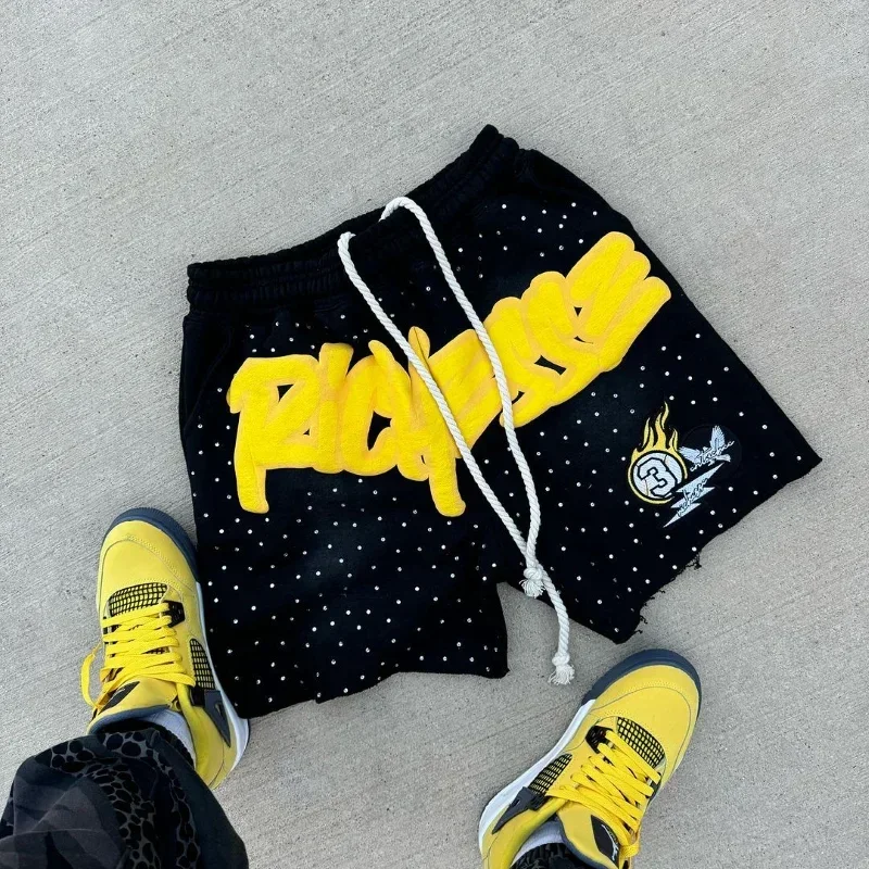 Y2K Harajuku Men's Shorts Rhinestone Letter Print Sweatpants Fashion Trend Quick Drying Casual Comfortable MOTO Shorts