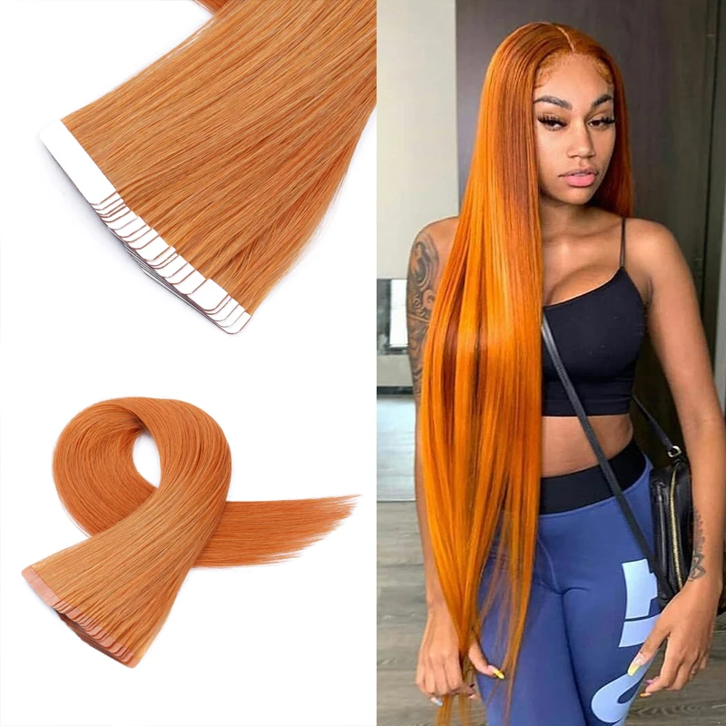 

Long Tape In Human Hair Extensions Skin Weft Orange Hair Extensions Adhesive Invisible Cosplay Silky Straight Human Hair
