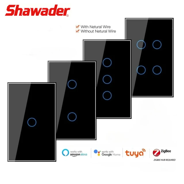 สวิตช์ไฟติดผนังแบบสัมผัสอัจฉริยะ Shawader Zigbee Tuya รุ่น US แผงกระจกทรงสี่เหลี่ยมผืนผ้า ควบคุมแบบไร้สายผ่านแอพ รองรับการควบคุมด้วยเสียงผ่าน Alexa และ Google Home 1