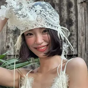 Fascia per capelli da sposa in pizzo francese con fiocco ricamato, copricapo nuziale vintage, velo da sposa interamente in pizzo per occasioni formali