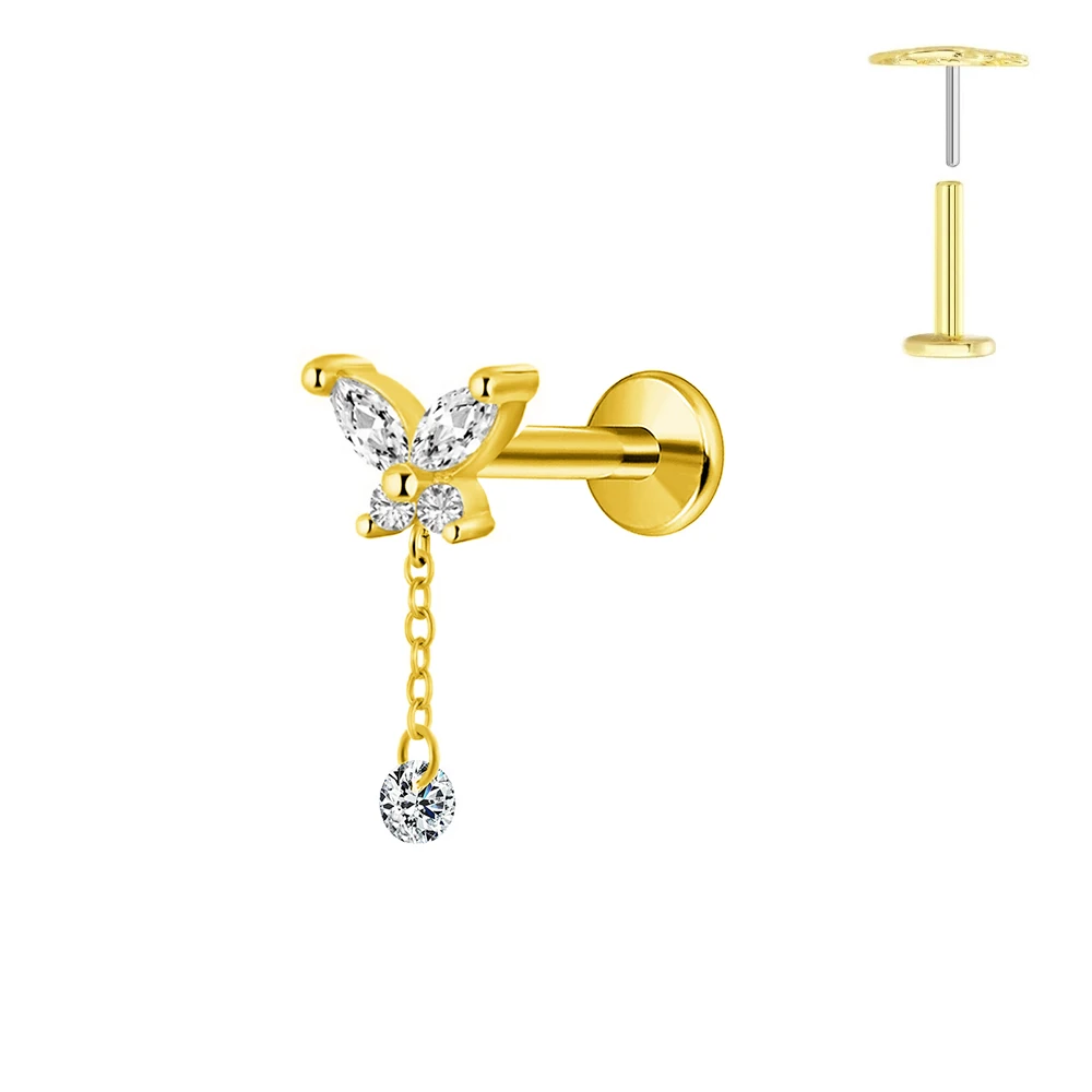 ASTM F136 G23 Titanium Horse Eye Zircon Crown Tassel Puncture Flat Earring Cartilage Chain Push in Labret Stud Piercing 6