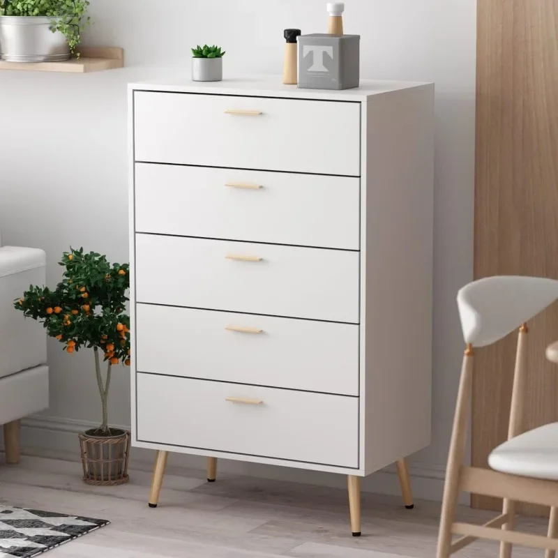 

Homsee Modern Dresser Storage Chest with 5 Drawers, Wood Dresser Chest with Gold Metal Legs and Handles for Bedroom, Living Room