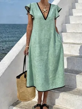 New Solid Boho Dress Women's Summer Fashion V Neck Sleeveless White Casual Beach Party Holiday Dresses For Women Robe Femme 1