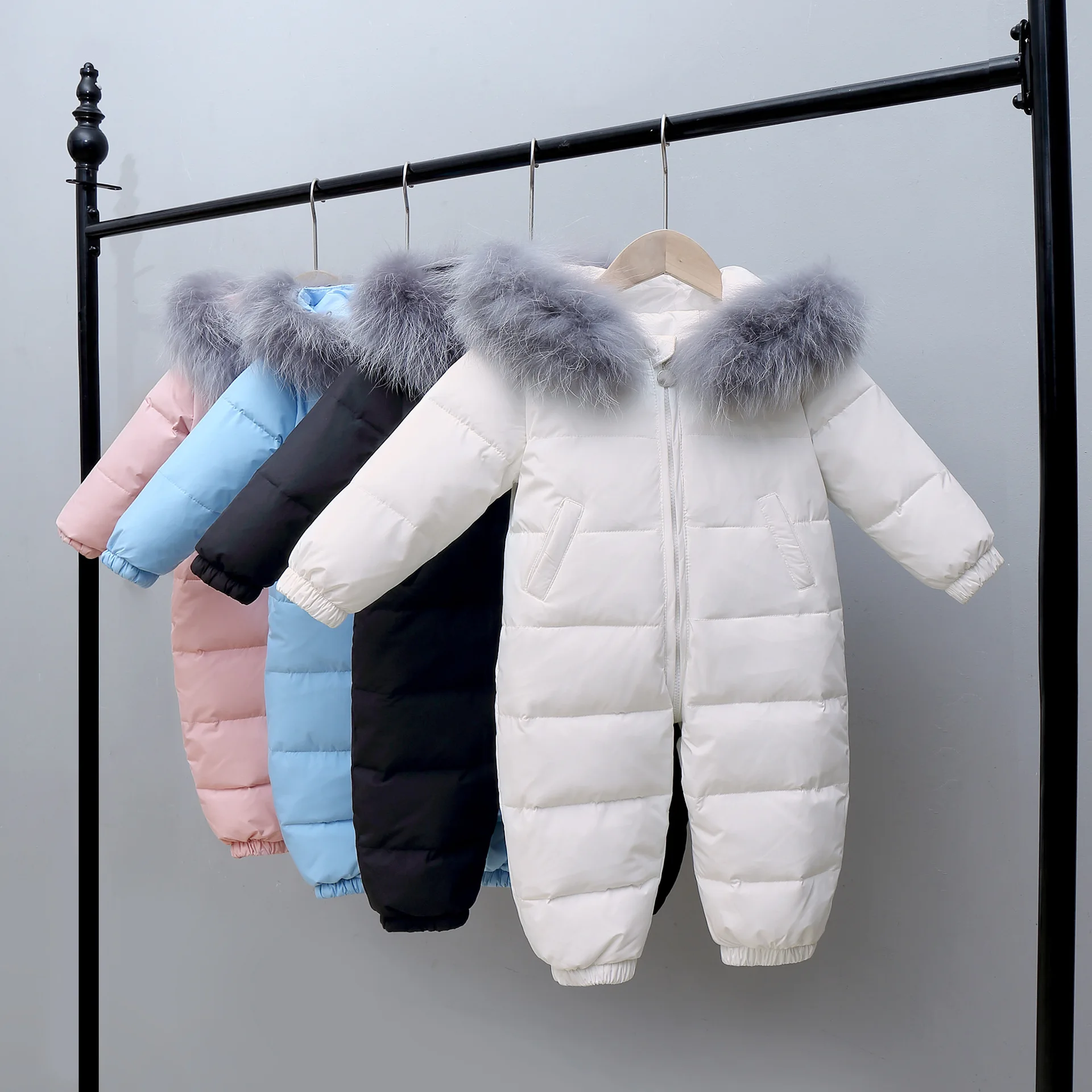 RAISE Winter Baby Boy Down Jumpsuit Real Raccoon Fur Hooded Baby Girl Snowsuit Toddler Boy Winter Romper Infant Overalls Outfits