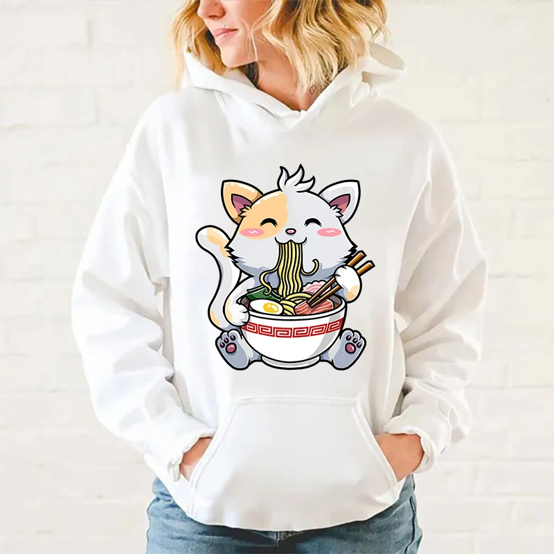 thumbnail image 1 of Sudadera con capucha para hombre y mujer, suéter holgado de manga larga con estampado de Ramen de gato, Tops informales con personalidad, 1 of 5