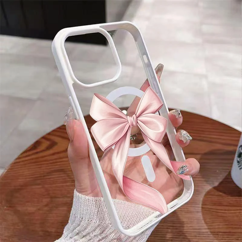 Pink Bow Pattern Magnetic Clear Wireless Charging Phone Case Cover