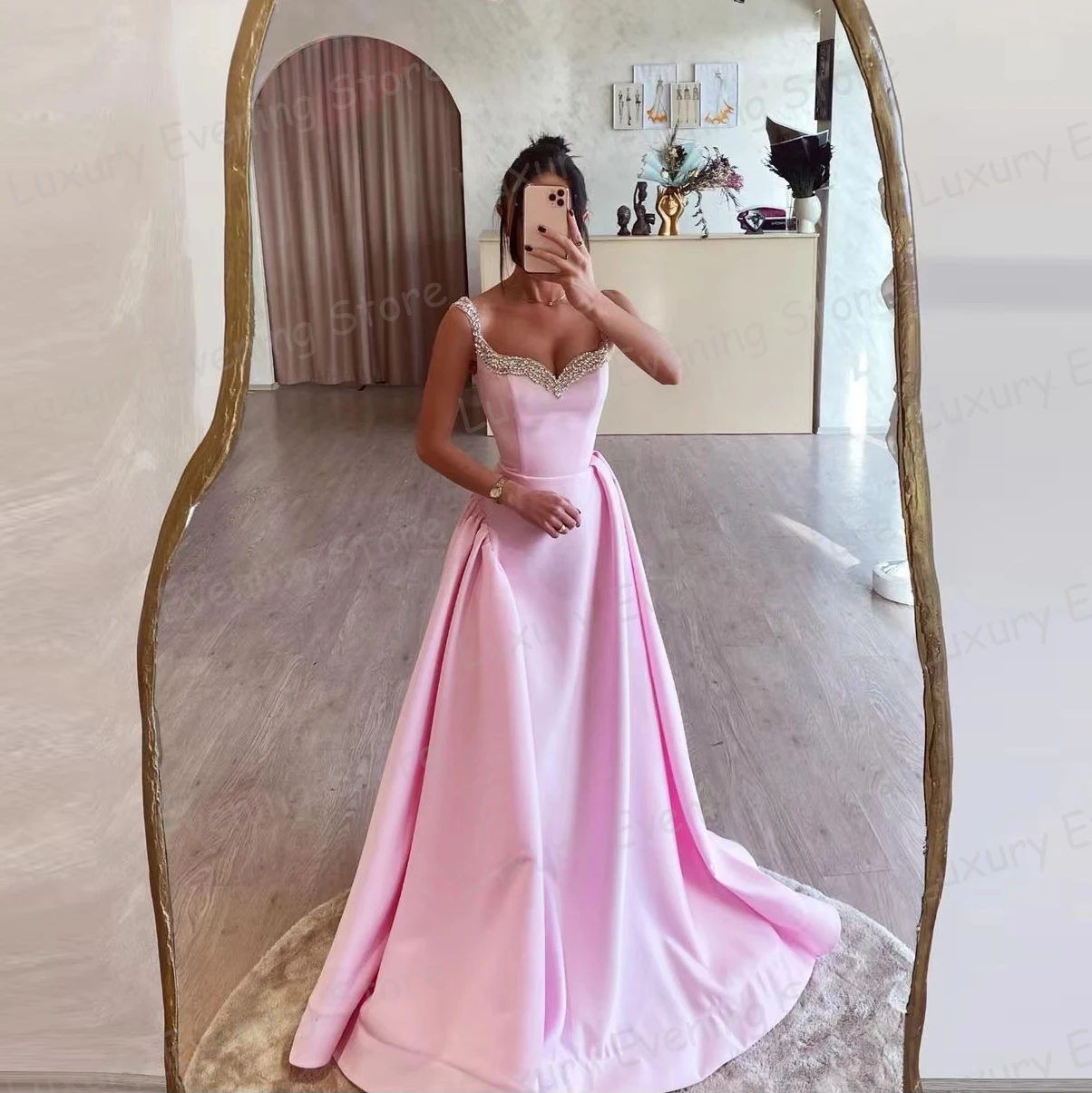 

2024 Modern Pink Evening Dresses Woman's A Line Elegant Sexy Sleeveless Pleat Satin Formal Prom Gowns Party Vestidos De Novia